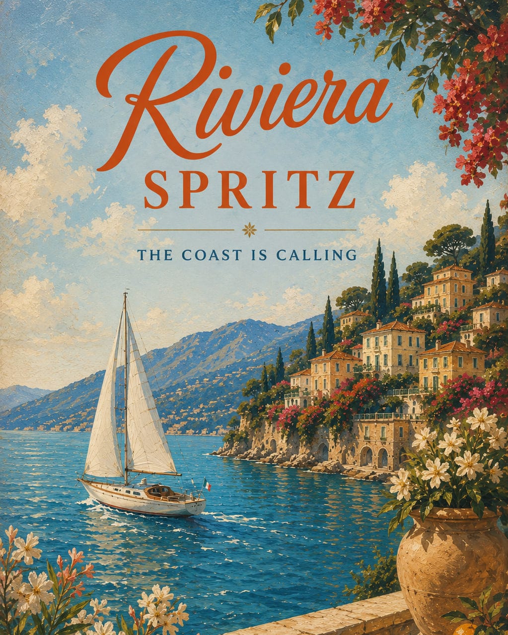 A Riviera Spritz travel poster of a sailboat below a cliffside village, titled The Coast Is Calling