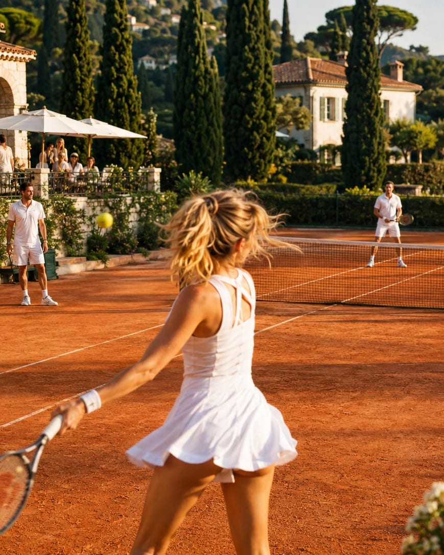 A woman in white mid-swing on a clay court above the Mediterranean