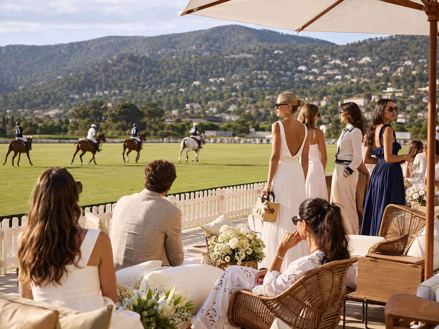 Guests watching a polo match from a shaded terrace above the field