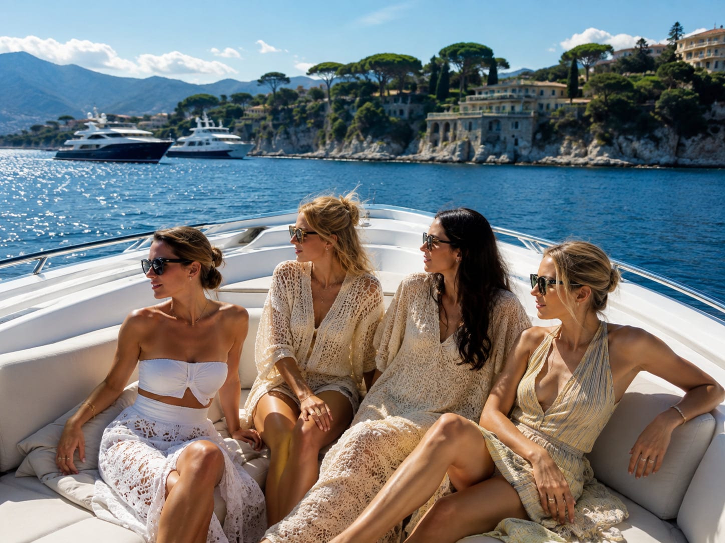 Four women in cream lace on the bow of a yacht anchored off the cape